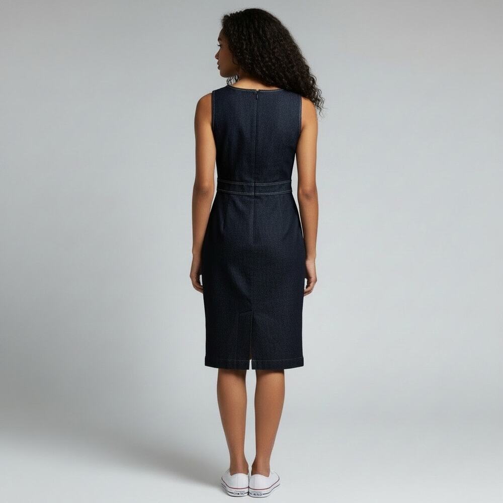 Alex‎ Marie Navy Linen Sheath Dress Sleeveless Knee Length Back Slit Size 8 - Picture 2 of 11